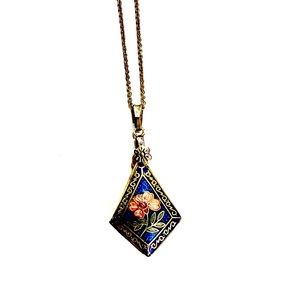 Vintage Cloisonné Royal Blue Floral Pendant with Necklace